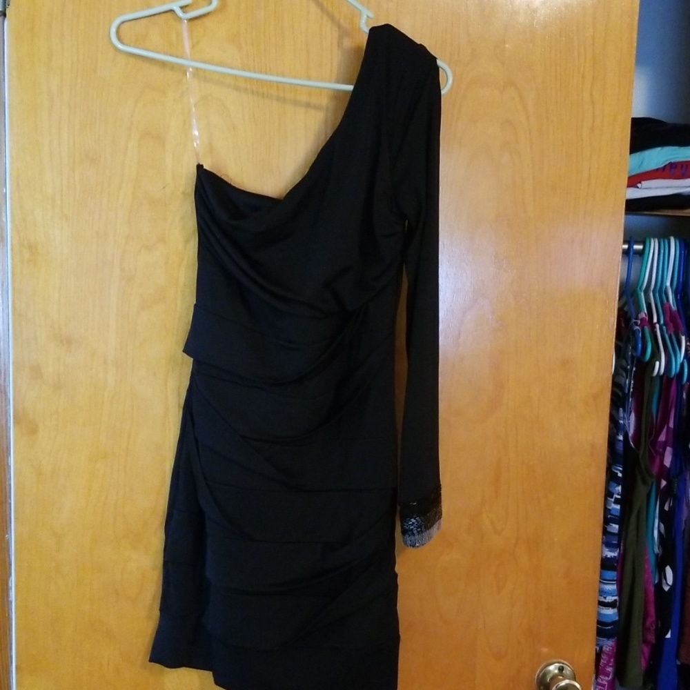 Black, 1/2 off the shoulder, 1/2 long sleeve dress